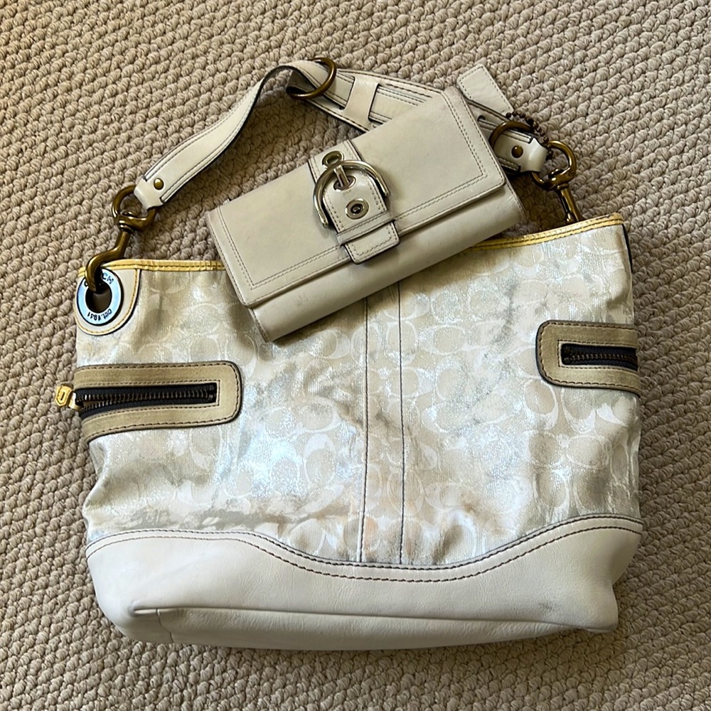 Coach Off White Ivory Signature Hobo Bag and Leather Buckle Wallet